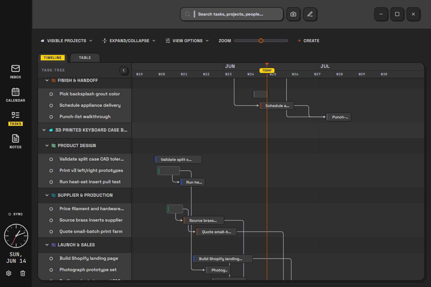 Taskmin dark gothic theme timeline screenshot